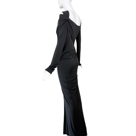 DONNA KARAN black long sleeve maxi dress evening gown ruched cut out - Picture 6 of 8